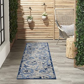 Nourison Aloha Floral Tropical Indoor/Outdoor Blue/Grey 2'3" x 8' Area Rug, (2' x 8')