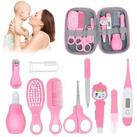 Kit de Aseo y Cuidado para Bebés, 10 Piezas Kit de Cuidado de la Salud del Bebé Recién Nacido, Set de Cuidado del Cabello y Uñas con Bolsa de Almacenamiento, Cuchara Auricular con Luz, Cepillo de Dientes(Rosa)