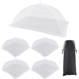 CREATCABIN 5 Pack Mesh Food Tents Pop-up Food Cover Reusable Collapsible White Plate Serving Umbrella Screen Tents Patio Net for Outdoor Camping Picnics Summer Parties BBQ 1pc 40x25.6in, 4pcs 17x17in