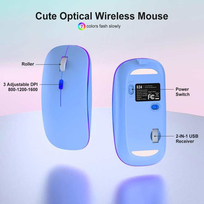 Wireless Light Up Keyboard and Mouse,Cute 2.4Ghz Cordless Rechargeable Clear