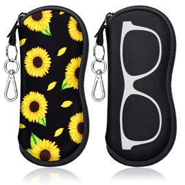 Swooflia Sunglass Glasses Eyeglass Case Bag, Cute Sunflowers Soft Reading Glass Pouch for Kids Women Men Neoprene Cloth Travel Extra Large Slim Cases with Clip Zipper 2 Pack