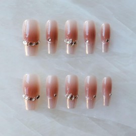 GLORS Long Ballerina Press-on Nails, Pink French Style with Rhinestones, Coffin Shape, Handmade False Nail 10 Pieces (M,LB)