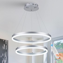 Benkut 2-Rings Modern LED Chandelier Silver for Dining Room, Circular Flush Mount Ceiling Chandelier Light Dimmable Pendant Light with Remote Control for Living Room Entrance Foyer, 3000K-6500K