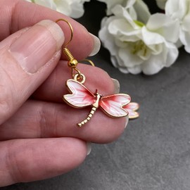 Dragonfly Pink Enamel Charm Earrings - Elegant Enamel Charms on Nickel Free Gold Hooks : 38mm