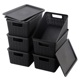 Wrrlors 6 Pack Plastic Storage Baskets With Lids,Black Breathable Stackable Storage Bins,Small Storage Containers,for Organizing Storage Baskets on Desktops,Closets,Playrooms,Classrooms,Offices