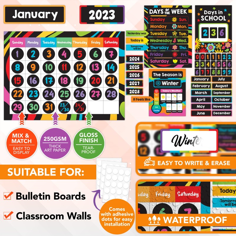 Decorably 143 Pcs Classroom Calendar Set Bulletin Board - School