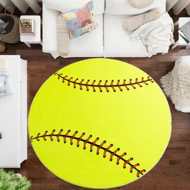 MASTIEE Soft Circle Softball Rug, Cute Shag Bedside Area Rug for Kids Teens, Softball Lovers Room Decor Indoor Floor Round Carpet for Kids Room Bedroom Living Room, Nursery, Machine Washable,47 Inch