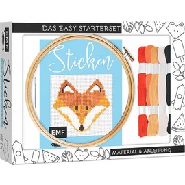 Sticken – das Easy Starterset für dekorative Kreuzstichmotive: DIY-Box mit Anleitung und 20 Vorlagen, hochwertigem Bambus-Stickrahmen (12,5 cm), Aida-Stoff, Sticknadel und Garn in 5 Farben