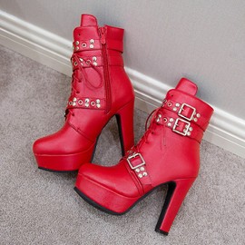 Bellirala Women's Studded Buckled Combat Boots Chunky Platform Ankle Booties Goth Punk Lace Up Knight Biker Boots Zipper High Heels Red Size 7