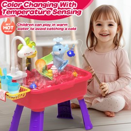 Kitchen Play Sink Toys with Running Water for Kid 4-8,4-in-1 Electric Water Table for Toddlers 1-3 with Water Pump,Animals, Food, Tableware,Color Changing Pretend Role Birthday Toy for Boy and Girl