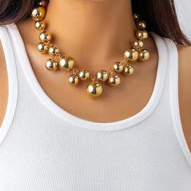 SMUOBT Chunky Gold Silver Beaded Choker Necklaces for Women, Large Beaded Faux Pearl Punk Ball Cluster Collar Choker Necklace Jewelry Gift