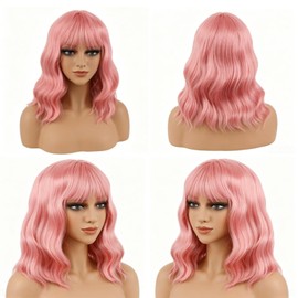 Pink Wig with Bangs 14 Inch Synthetic Wavy Bob Wig Pink Wigs for Women