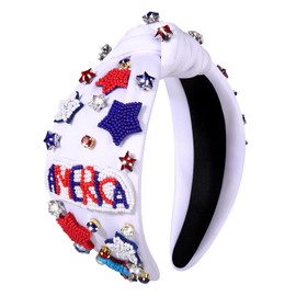 ZOLEAROPY American 4th of July Headband for Women USA Star Rhinestone Jeweled Knotted Headband Fourth of July Patriotic Red White Blue Beaded Star Top Knot Wide Hairband Hair Accessories Gift