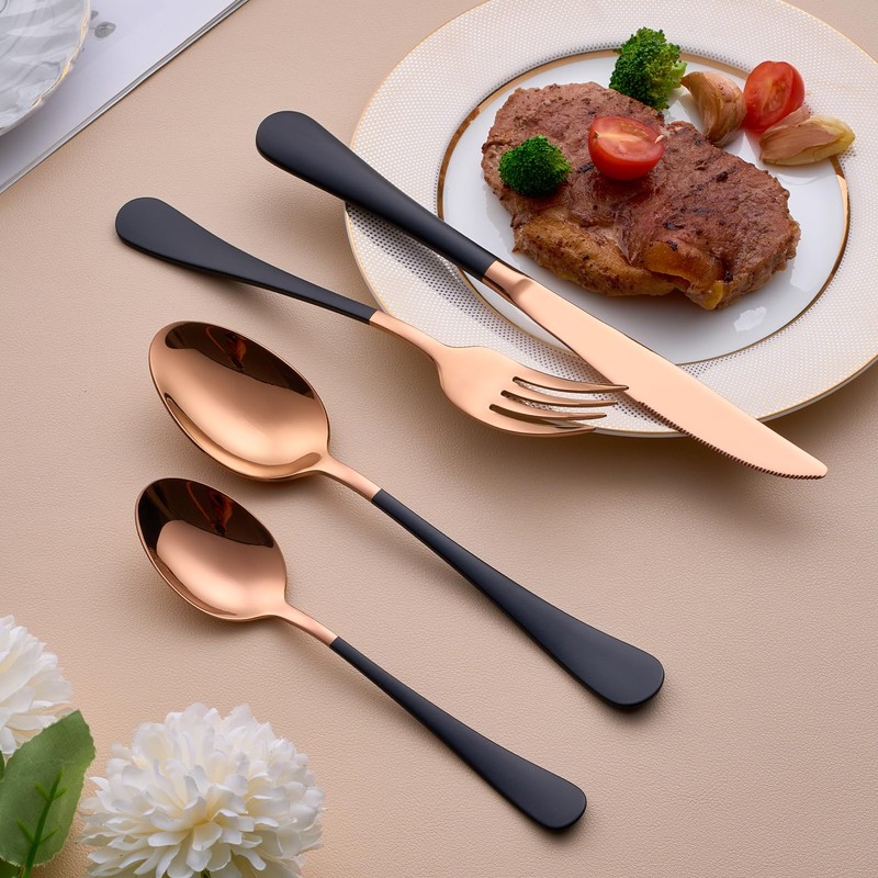 MDEALY 20-Piece Rose Gold and Black Silverware Set for 4