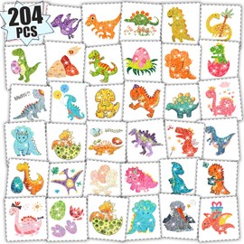 Partywind 204 Styles (34 Sheets) Glitter Dinosaur Temporary Tattoos for Kids Goodie Bag Stuffers, Dinosaur Party Supplies Favors for Boys Birthday, Fake Tattoo Stickers for Dinosaur Decorations