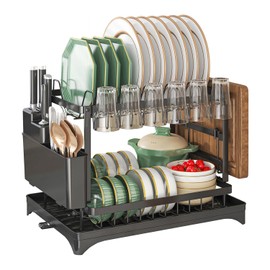 Dish Drying Rack 2 Tier,Space-Saving Dish Drainer with 360° Rotating Drainage Tray,Cup Holder Utensil Holder,Cutting Board Rack,Rustproof Stainless Steel Organizer for Small Kitchens,Apartments,Black