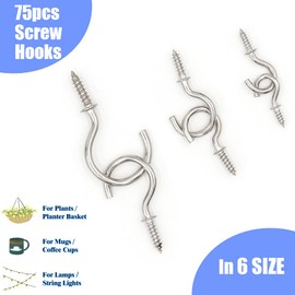 Yuknees Pack of 75 Screw Hooks, Stainless Steel, Ceiling Hooks, Small Hooks for Wood, Hooks for Screwing Ideal for Christmas Decoration, Garden, Wood