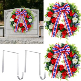 Crowye 4 Pieces July 4th Grave Wreaths with Stand Set with 2 Pcs 15.8" Independence Day Wreaths for Cemetery 2 Pcs 8" Headstone Hanger Cemetery Wreath Holder Patriotic Grave Wreath for Tombstone