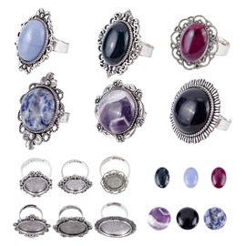 SUNNYCLUE 12 Pieces 6 Styles Antique Silver Ring Settings Adjustable Blank Hollow Oval Round with Colorful Gemstone Cabochons Ring Making Kit for DIY Jewelry Making Craft Supplies