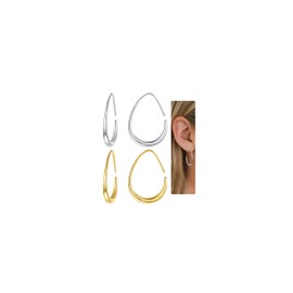 Lightweight Teardrop Hoop Earrings for Women - 14k Gold 925 Sterling Silver Oval Pull Through Hoop Earrings High Polished Statement Jewelry Gift for Women (Silver&Gold)