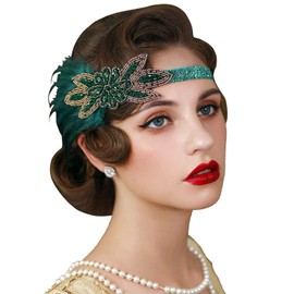 IYOU Crystal Feather Gatsby Headpiece Green Rhinestone Flapper Hair Pieces Vintage Party Costume Headband Hair Accessories for Women