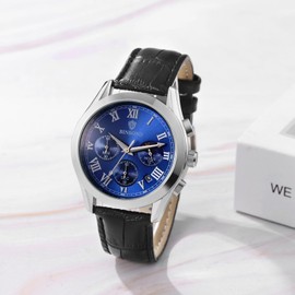 JewelryWe Men's Watch Analogue Quartz Date Calendar Punk Military Watch Men's 30 m Waterproof Military Sports Watch with Genuine Leather Strap, Day & Night Display - Black/Blue, Strap.