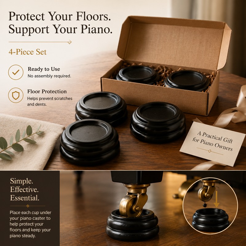 4-Piece Beech Wood Piano Caster Cups – Round Floor Protector