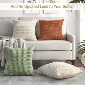 Volcanics Pack of 2 Sage Green Decorative Throw Pillow Covers 20x20 Inch, Soft Corduroy Striped Square Cushion Cases, Modern Farmhouse Boho Home Decor for Spring Couch Bed Sofa Living Room