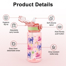 wooshwa Kids Water Bottle for School, 20 Oz Plastic Water Bottle with Silicone Spout and Pop-Up Cover, BPA Free & Dishwasher Safe (Unicorn)