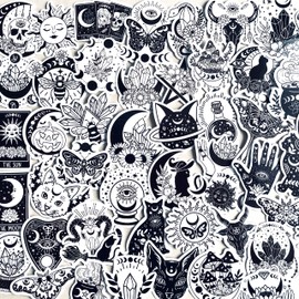 50PCS Boho Astrology Stickers Pack – Black White Witchy Gothic Vinyl Decals for Water Bottles, Laptops, Journals, Scrapbooking, Aesthetic Spiritual Stickers for Teens Adults