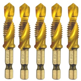 Rennie Tools - Pack Of 5 - M10 x 1.5 Combination Drill and Tap Bit, 1/4" Hex Shank. Metric Coarse Titanium Coated HSS Spiral Flute Drilling Tapping Tool. 10mm x 1.5mm Pitch Drill Bit.