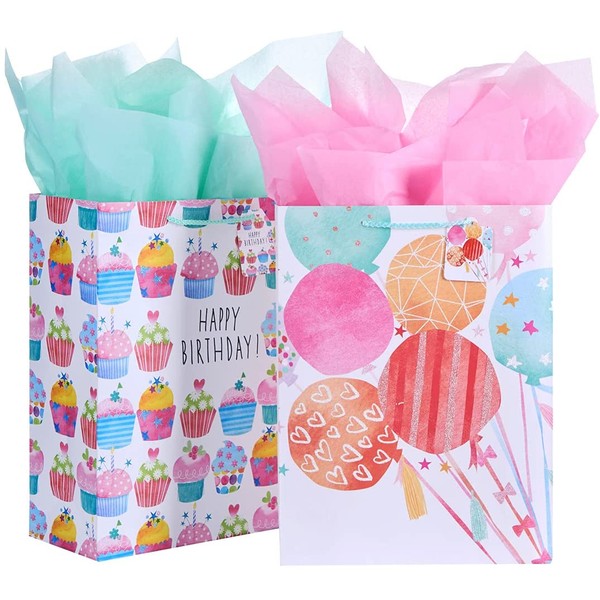 16.5" Extra Large Gift Bags for Birthday Party with Tissue Paper(2 Pack, Cupcake)