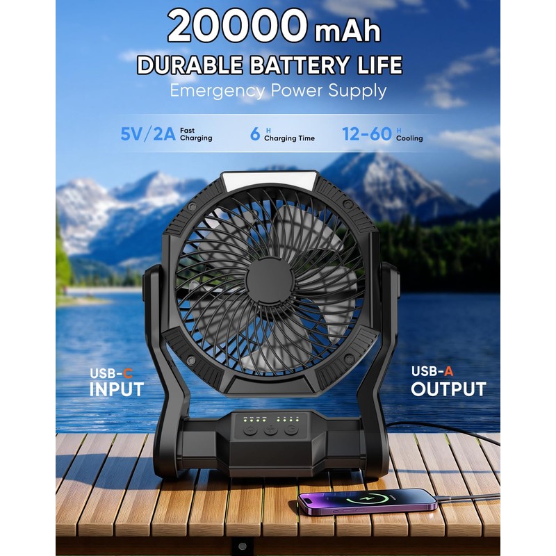 Portable Rechargeable Fan, 20000mAh Battery Powered Camping Fan with LED