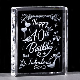 Happy 40th Birthday and Fabulous Gifts for Women, Laser Engraved K9 Crystal Plaque Keepsake for Friend 40 Years of Age, Unique Birthday Present Ornament Collection