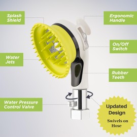 Wondurdog Outdoor Dog Wash Garden Hose Nozzle for Bath and Quick Paw Rinses. Splash Shield Handle and Rubber Grooming Brush. Metal Connection. Swivels on Hose with Water Pressure Control.
