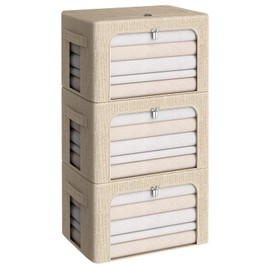 3Pack Foldable Storage Bins - Frame Storage Box Linen Fabric Stackable Clothes Container Organizer with Clear Window & Carry Handles Large Capacity (Medium-36L, Beige)