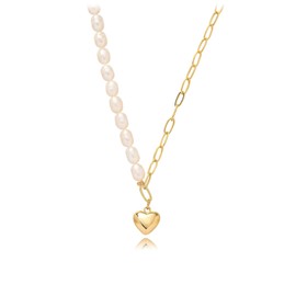 Bethynas Love Heart Necklace Pendant 14K Gold Plated Paper Clip Chain Baroque Freshwater Pearl Chain Vintage Punk Figaro Charm Valentine Gift Women Jewelry