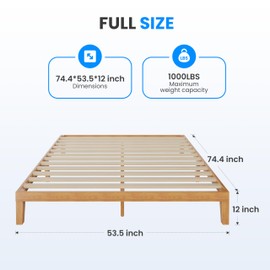 Simple Deluxe Full Size Wood Bed Frame, 12 Inch Wooden Platform Bed with Support Slats, No Springs Required, Storage Space Under The Durable Bed Frame, Natural Pine