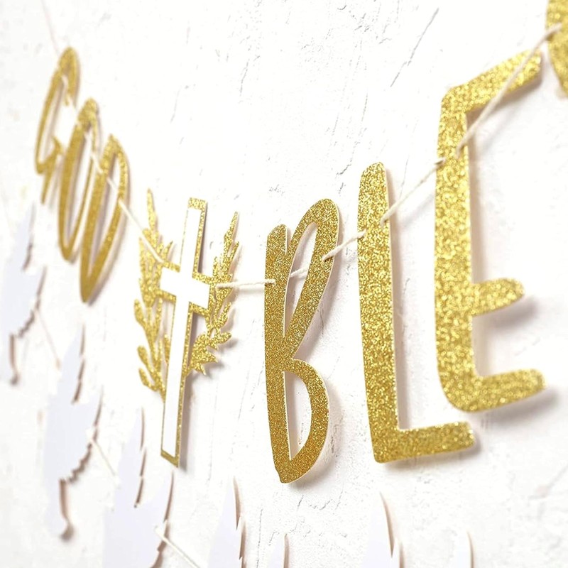God Bless Decorations -White and Gold Dove Banner, Cross Garlands