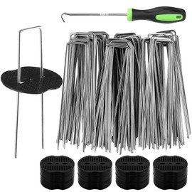 100pcs Garden Stakes Staples+100pcs Gasket, 6Inch 11 Gauge Galvanized Landscape Staples, Lawn Spikes,Heavy Duty Yard Ground Pin for Grass Weed Barrier Sod Fabric,Cover,Fence