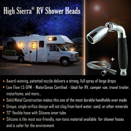High Sierra Showerheads® - Handheld RV Shower Head with Hose and On Off Switch (Plumbing Code Compliant) - Solid Metal – Includes 72” Metal Hose with Silicone Inner Tube - 1.5 GPM – Chrome