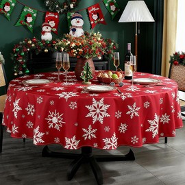 Round Christmas Tablecloth Winter Table Cloth with Snowflake Decorations, Heavy Weight & Spillproof Table Cover for Dining, Party & Holidays (Red, Round 60 Inch)