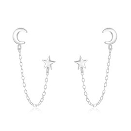 Cute Star Moon Double Piercing Small Stud With Short Chain S925 Sterling Silver Cuff Wrap Earrings for Women Cartilage Two Holes Fashion Minimalist Climber Crawler Threader Tassel Hypoallergenic Gifts for Christmas Daughter