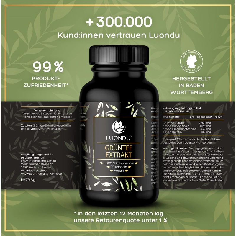 Luondu Green Tea Extract 90 Capsules High Dose - 2250mg