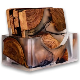 Avocrafts Wooden Coasters Set, Modern Epoxy Coasters with Holder, Cedar Wood Coaster, Full Set of 6 with Holder