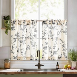 jinchan Floral Kitchen Curtains 30 Inch Linen Tier Curtains Farmhouse Cafe Half Window Drapes Over Sink Light Filtering Black on Beige for Living Room Laundry RV Rod Pocket 2 Panels