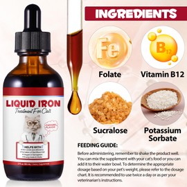 Liquid Iron for Cats, Liquid Iron Drops for Cats Supports Anemia, Low Enery Levels and Lethargy Cats- Improve Energy Levels & Vitality, Pet Supplies Cat Vitamin Supplement, Caramel Flavor - 2 fl.oz