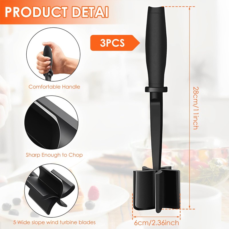 3Pcs Meat Chopper,Ground Beef Chopper with 5 Blade Head, Masher