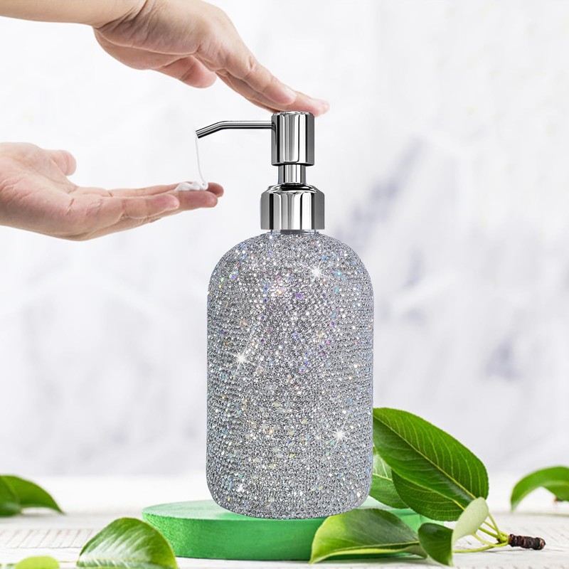 SlowVibes 18Oz Bling Glass Soap Dispenser with Rust Proof Stainless