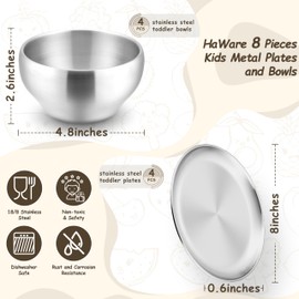 HaWare Kids Plates and Bowls, 8 Pieces Stainless Steel Dish Set, Reusable Dinnerware for Camping, Hiking, Travel, Picnic, Non-toxic Tableware set for Kids Self-feeding, Dishwasher Safe